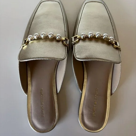 Stuart Weitzman Gold Perla Flat Mule Pearl Chain Size 8 New - Picture 6 of 10